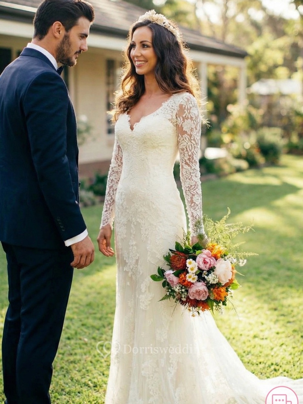 Custom Lace Long Sleeve Wedding Dress with V-Neck.